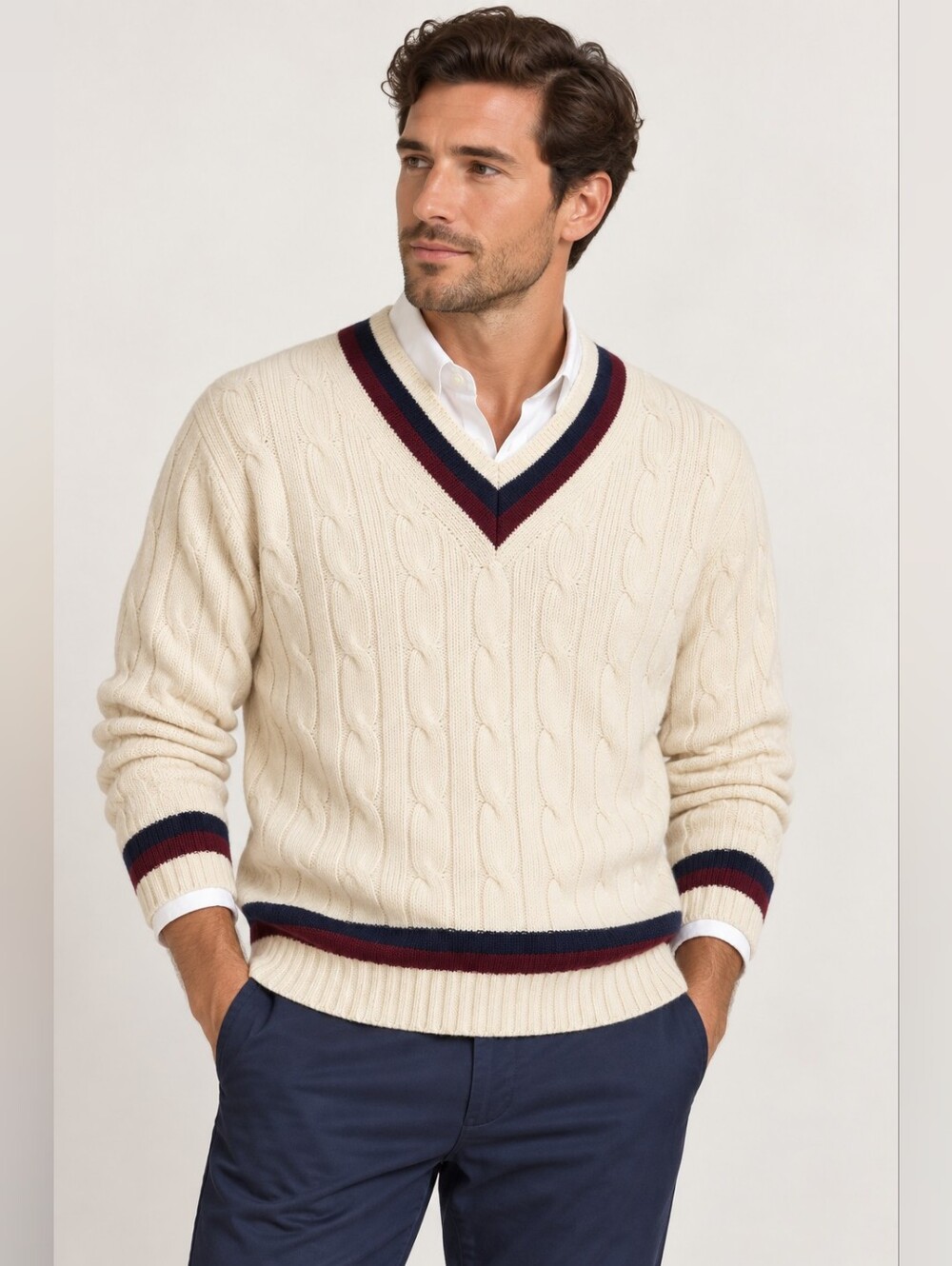 Alan Paine Men’s L Pure Cashmere Cable Knit Cricket Sweater Made in UK